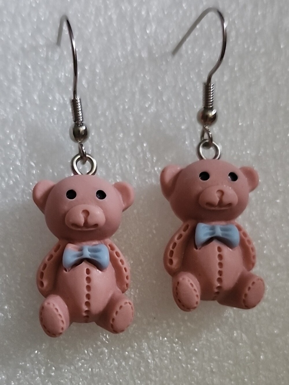 Hand Crafted Pinkish Teddy Bear Earrings with Light Blue Bow